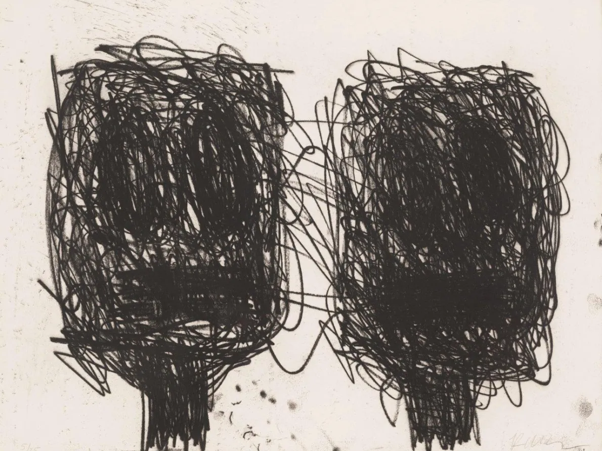 "Untitled," 2015, Rashid Johnson, American; softground etching printed on black in somerset velvet antique white. Lent by Marc A. Schwartz and Emily Camiener.
