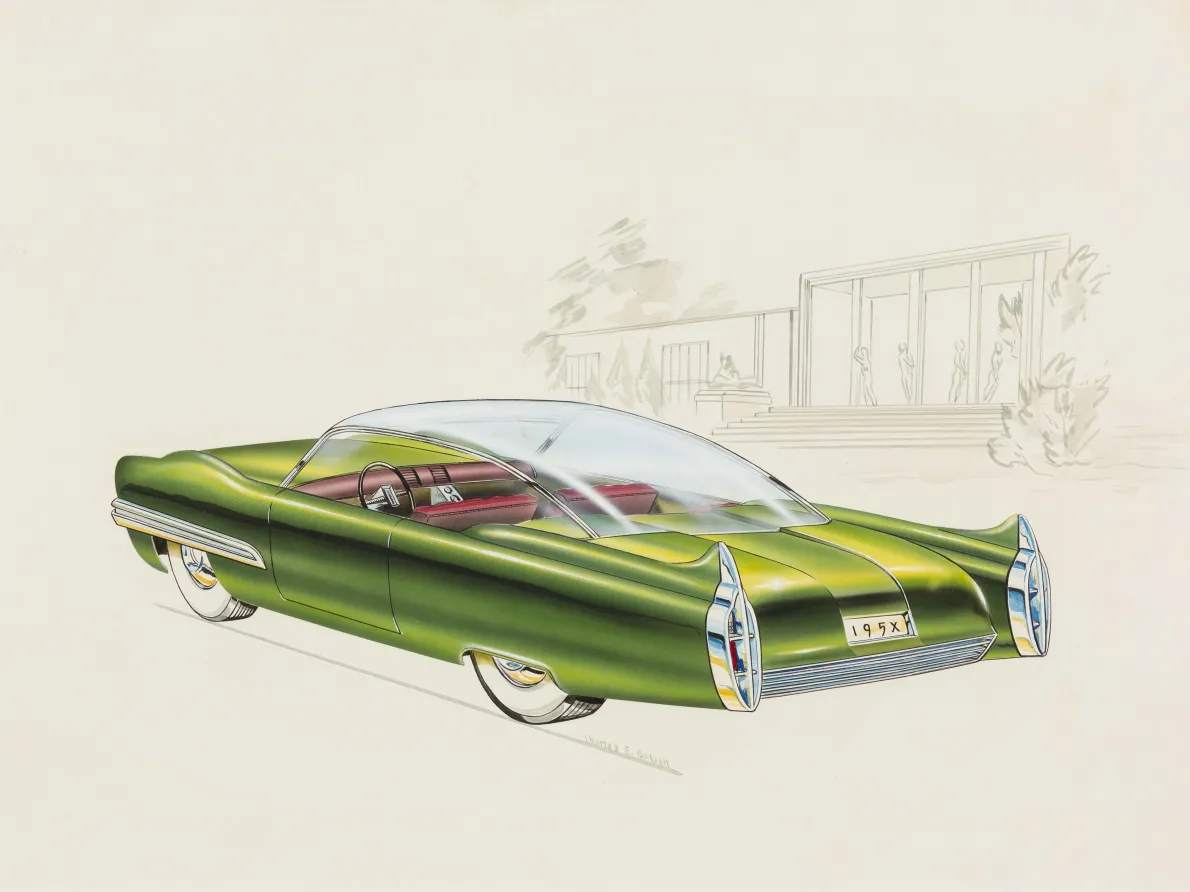 &quot;Lincoln XL-500 Concept Car,&quot; 1952, Charles E. Balogh, American; watercolor, gouache, airbrush, ink, graphite on illustration board. Collection of Robert L. Edwards and Julie Hyde-Edwards.