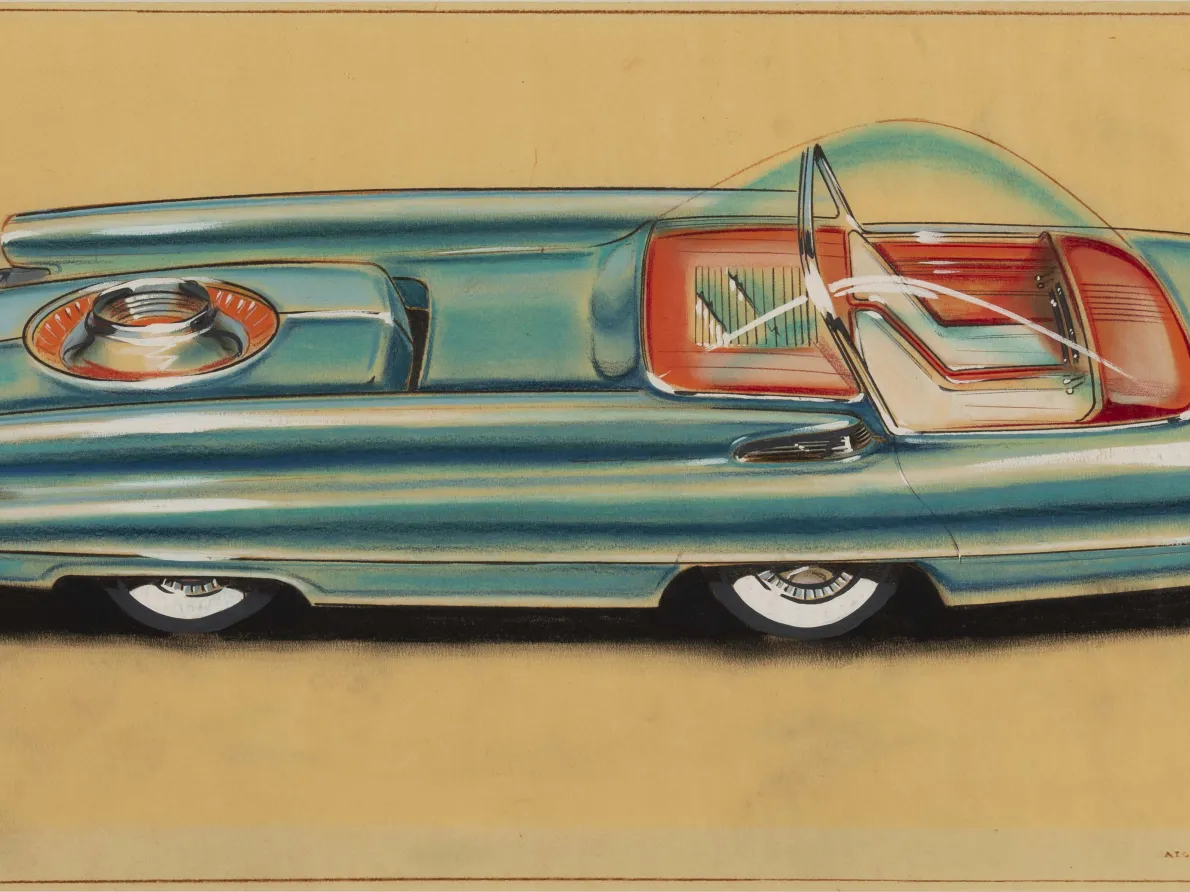 "Ford Nucleon Atomic Powered Vehicle, Rear Side View," 1956, Albert L. Mueller, American; gouache, pastel, prismacolor, brown-line print on vellum. Collection of Robert L. Edwards and Julie Hyde-Edwards.