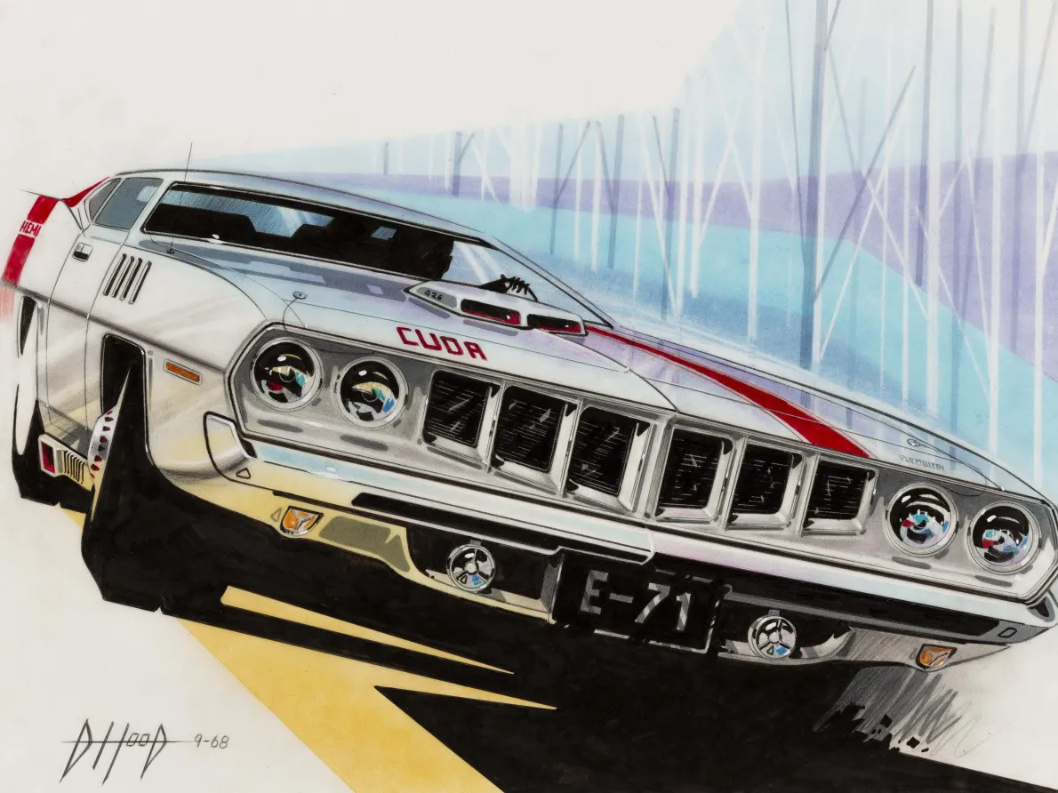 "'71 Barracuda Front End Facelift Concept," 1968, Donald Hood, American; crayon, gouache, ink, felt marker, prismacolor, pastel on vellum. Collection of Robert L. Edwards and Julie Hyde-Edwards.