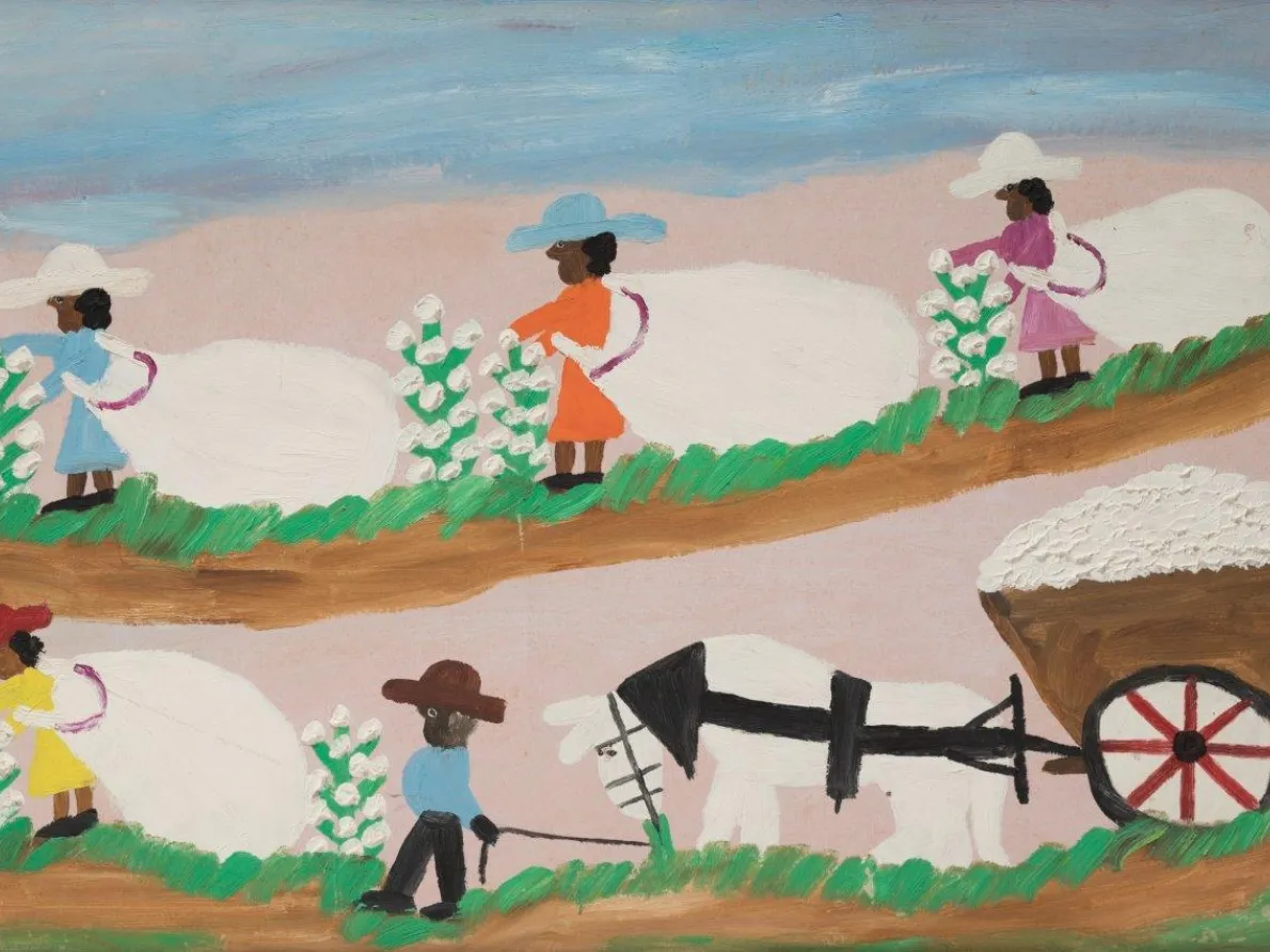 "Picking Cotton," 1968, Clementine Hunter, American; oil on board. Joann and Harold Braggs Collection.