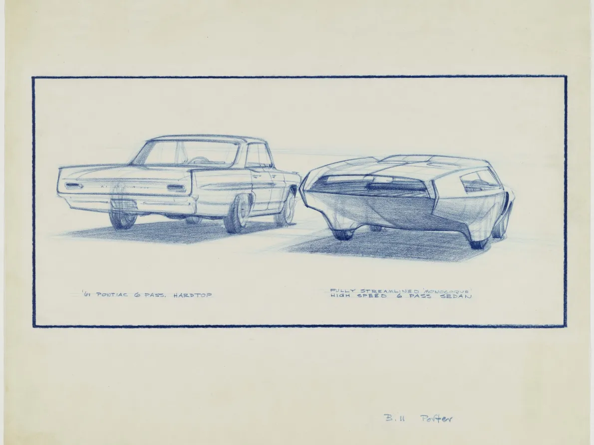&quot;&#039;61 Pontiac Catalina vs. Aerodynamic Streamlined Sedan,&quot; 1959, William Porter, American; prismacolor on vellum. Collection of Bill and Patsy Porter.