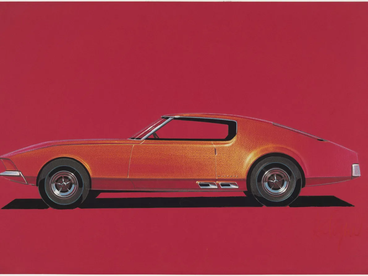 &quot;Ford Mustang,&quot; 1965, Howard Payne, American; prismacolor and gouache on red charcoal paper. Collection of Brett Snyder.