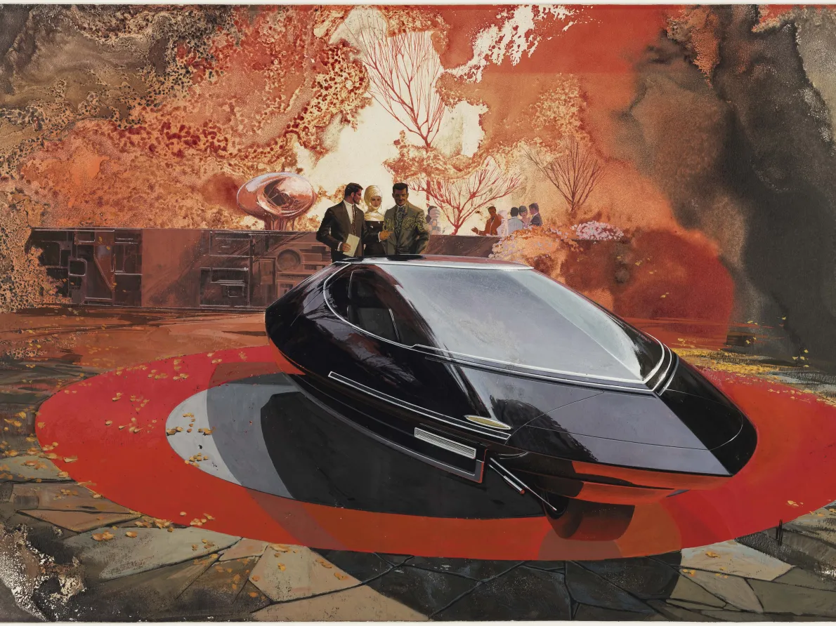 "Elwood Engel Design for a Gyroscopically Stabilized Two Wheel Car," about 1960, Sydney Jay Mead, American; gouache, liquid resist, graphite on illustration board. Collection of Brett Snyder.