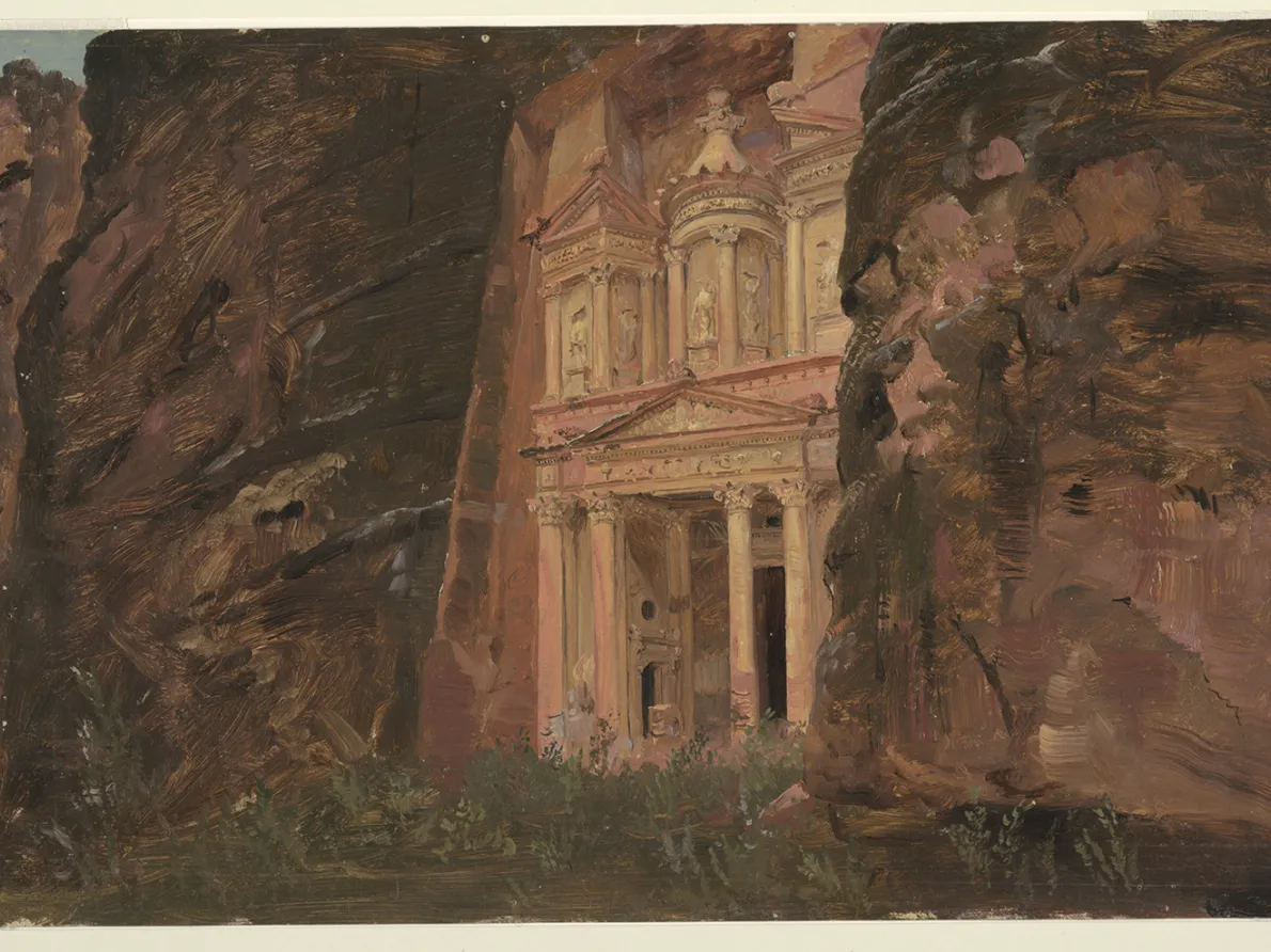 "El Khasneh, Petra,” 1868, Frederic Church, brush and oil on paperboard. Cooper Hewitt, Smithsonian Design Museum, New York. Gift of Louis P. Church, 1917-4-485-a