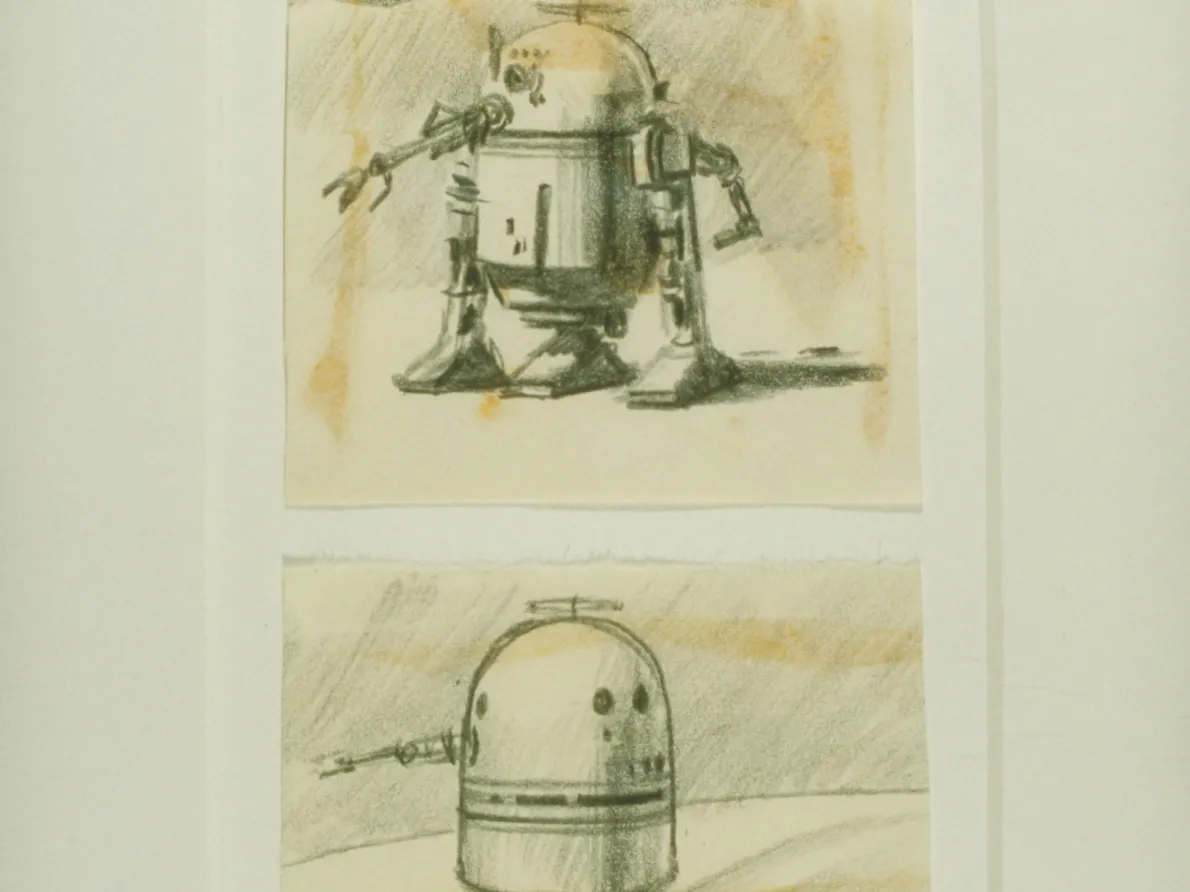 R2-D2 Concept Art, About 1975, Ralph McQuarrie, graphite pencil on paper. © & ™ 2018 Lucasfilm Ltd. All rights reserved. Used under authorization.