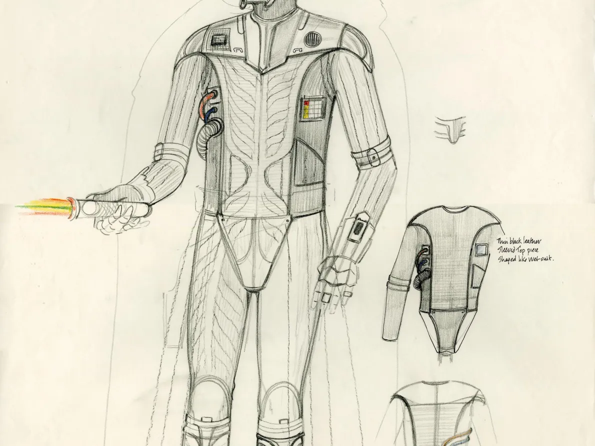 Darth Vader Concept Art, 1976, John Mollo, graphite pencil, colored pencil and ink on paper. © & ™ 2018 Lucasfilm Ltd. All rights reserved. Used under authorization.