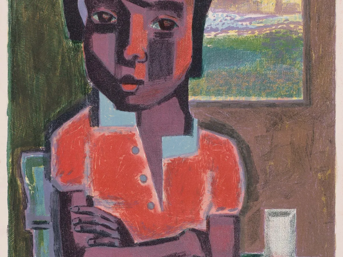 Robert Blackburn (American, 1920–2003). Girl in Red, 1950. Color Lithograph; 18 ¼ x 12 ½ in. The Petrucci Family Foundation Collection of African American Art