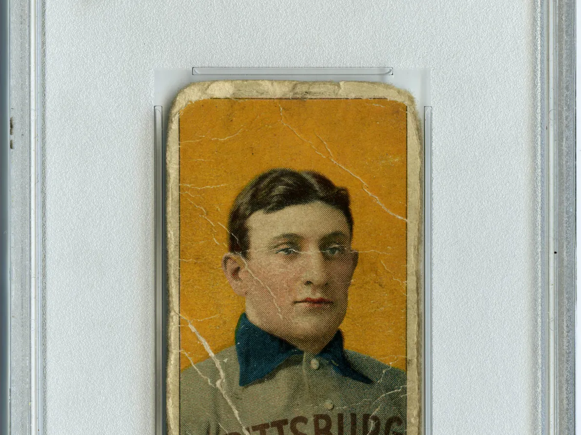 American Tobacco Company (American, established 1890), Honus Wagner, from the T206 White Border Set, 1909–11, commercial lithograph. Collection of E. Powell Miller. Honus Wagner is licensed by Leslie Wagner Roberts, c/o Luminary Group LLC, www.HonusWagner