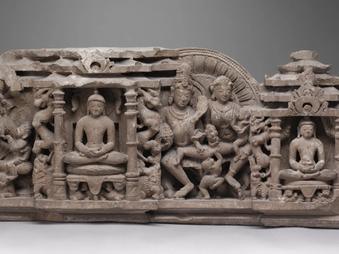 “Jinas with Family and Goddess Ambika,” 950–1050, India (Madhya Pradesh or Rajasthan), sandstone. Detroit Institute of Arts