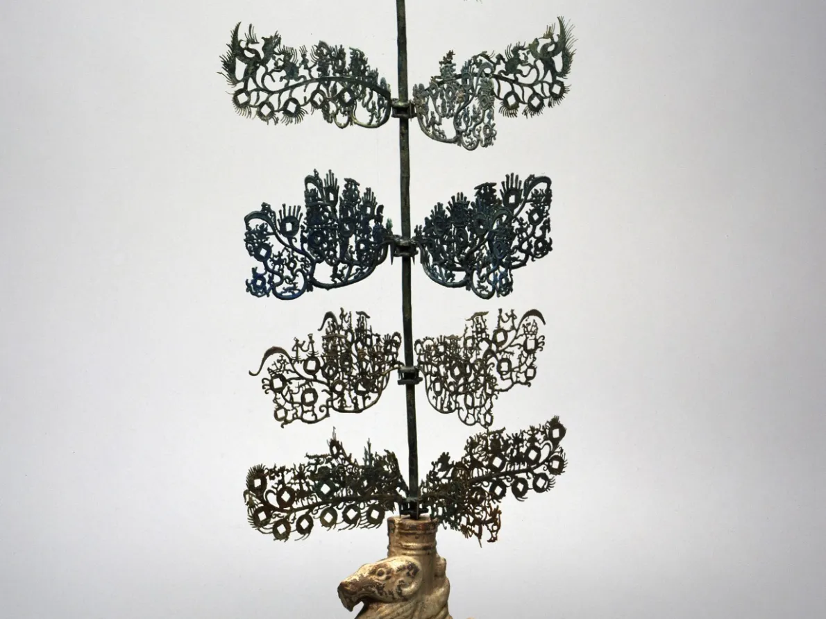 “Money Tree,” 25–220 C.E., China, stoneware, glaze, bronze. Detroit Institute of Arts