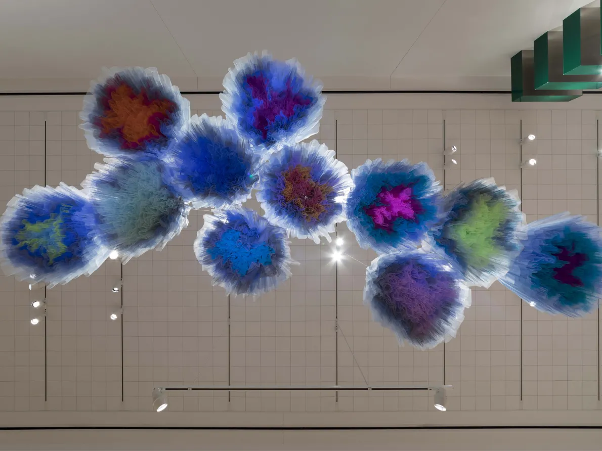 Synthetic Cloud”, 2018, (installation view from below), Isabel Toledo, Cuban-American (born 1960) and Ruben Toledo, Cuban-American (born 1961); Nylon. Courtesy of the artists and the Toledo Studio