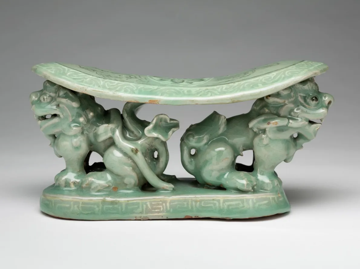 “Pillow with Lions,” 1100s–1200s, Korea, stoneware, slip, celadon glaze. Detroit Institute of Arts