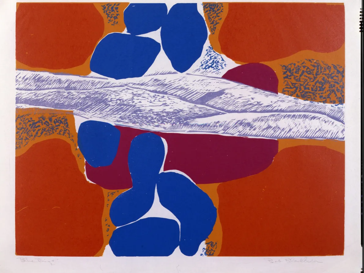 Robert Blackburn (American, 1920–2003). Blue Things, c. 1963–1970. Color Woodcut; 20 x 26 in. Courtesy of Wesley and Missy Cochran, The Cochran Collection. Photograph by Karl Peterson. © The Trust for Robert Blackburn. Used with permission.