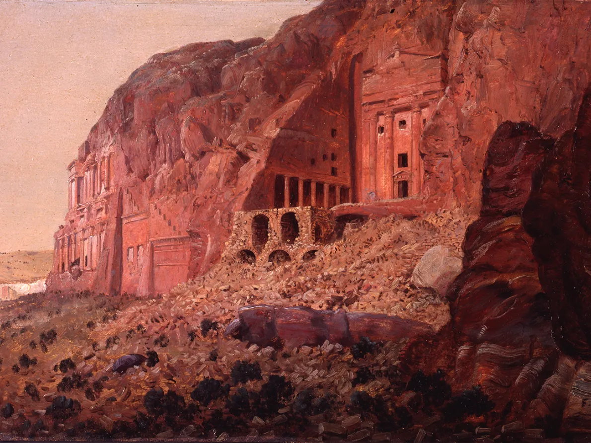 “The Urn Tomb, Silk Tomb. and Corinthian Tomb, Petra,” 1868, Frederic Church, oil on paper mounted on canvas. Olana State Historic Site, Hudson, NY. New York State Office of Parks, Recreation and Historic Preservation. OL.1981.52