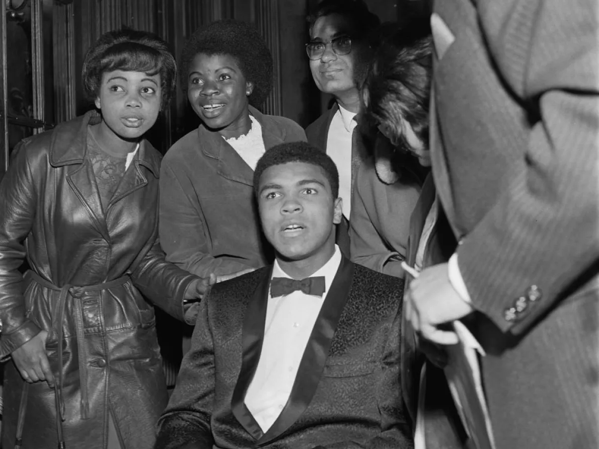 James Barnor (Ghana, b. 1929). Muhammad Ali surrounded by fans after winning the Earl’s Court fight against Brian London, London, 1966 (printed 2010–20). Gelatin silver print. Galerie Clémentine de la Féronnière, Paris. © James Barnor, courtesy Galerie Clémentine de la Féronnière, Paris.