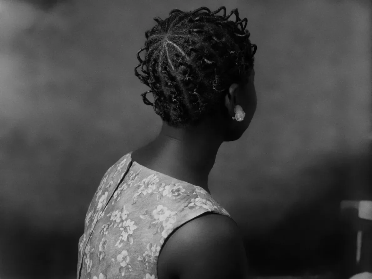 James Barnor (Ghana, b. 1929). Ms. Bruce portrayed in her new hairstyle after school, Ever Young Studio, Jamestown, Accra, 1956 (printed 2010–20). Gelatin silver print. Galerie Clémentine de la Féronnière, Paris. © James Barnor, courtesy Galerie Clémentine de la Féronnière, Paris.