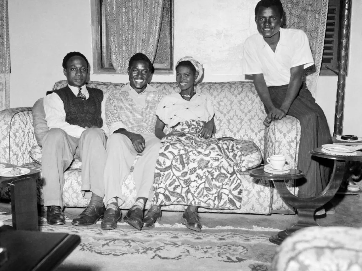 James Barnor (Ghana, b. 1929). Self-portrait with Kwame Nkrumah (far left), and Roy and Rebecca Ankrah (center), Accra, c. 1952 (printed 2010–20). Gelatin silver print. Autograph, London.