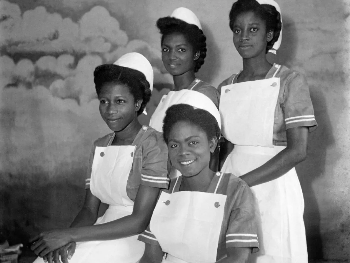 James Barnor (Ghana, b. 1929). Four Nurses (graduates of Korle-Bu Teaching Hospital), Ever Young Studio, Accra, c. 1955 (printed 2010–20). Gelatin silver print. Autograph, London.