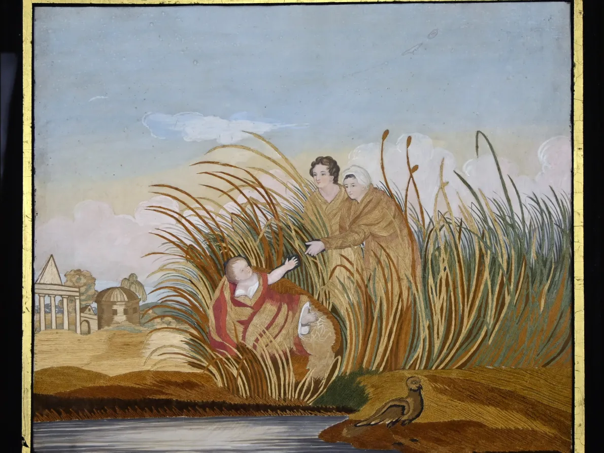 The Finding of Moses, ca. 1810, Mrs. Lydia Bull Royce School. Silk, velvet, fabric applique and watercolor on silk. Michael R. Payne and Suzanne Rudnick Payne.