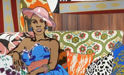 Colorful, complex painting of woman sitting on a sofa