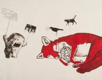 Fox Tussle, color lithograph.