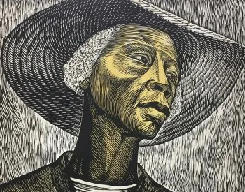 Sharecropper, linoleum cut with hand coloring