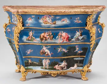 The Doria Commode, tempera and oil painted decoration, oil carved walnut decoration, original carved Spanish red broccatello marble top