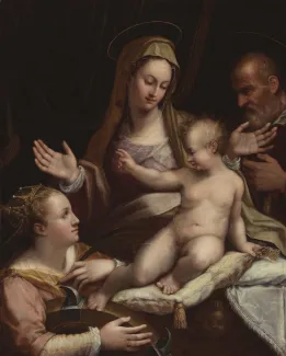 Lavinia Fontana (Italian, 1552–1614), &quot;The Holy Family with Saint Catherine of Alexandria,&quot; 1581, Oil on canvas. Los Angeles County Museum of Art, Gift of The Ahmanson Foundation, M.2011.2