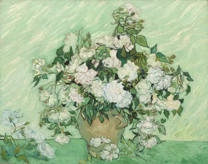 Vincent van Gogh (Dutch, 1853–1890). Roses, 1890. Oil on canvas; 27 15/16 x 35 7/16 in. (71 x 90 cm). National Gallery of Art, Washington, DC, gift of Pamela Harriman in memory of W. Averell Harriman, 1991.67.1.
