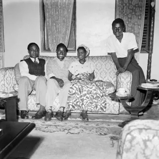 James Barnor (Ghana, b. 1929). Self-portrait with Kwame Nkrumah (far left), and Roy and Rebecca Ankrah (center), Accra, c. 1952 (printed 2010–20). Gelatin silver print. Autograph, London.