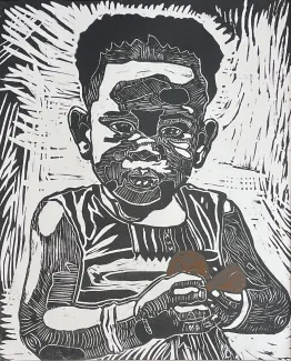 A drawing of a child holding sweet potatoes.