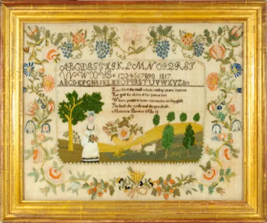 Melancia Bowker. Sampler, 1817. Silk, chenille, paint, paper and ink on linen. Collection of Sharon and Jeffery Lipton. Photo courtesy of Stephen & Carol Huber.