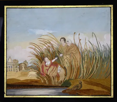 The Finding of Moses, ca. 1810, Mrs. Lydia Bull Royce School. Silk, velvet, fabric applique and watercolor on silk. Michael R. Payne and Suzanne Rudnick Payne.