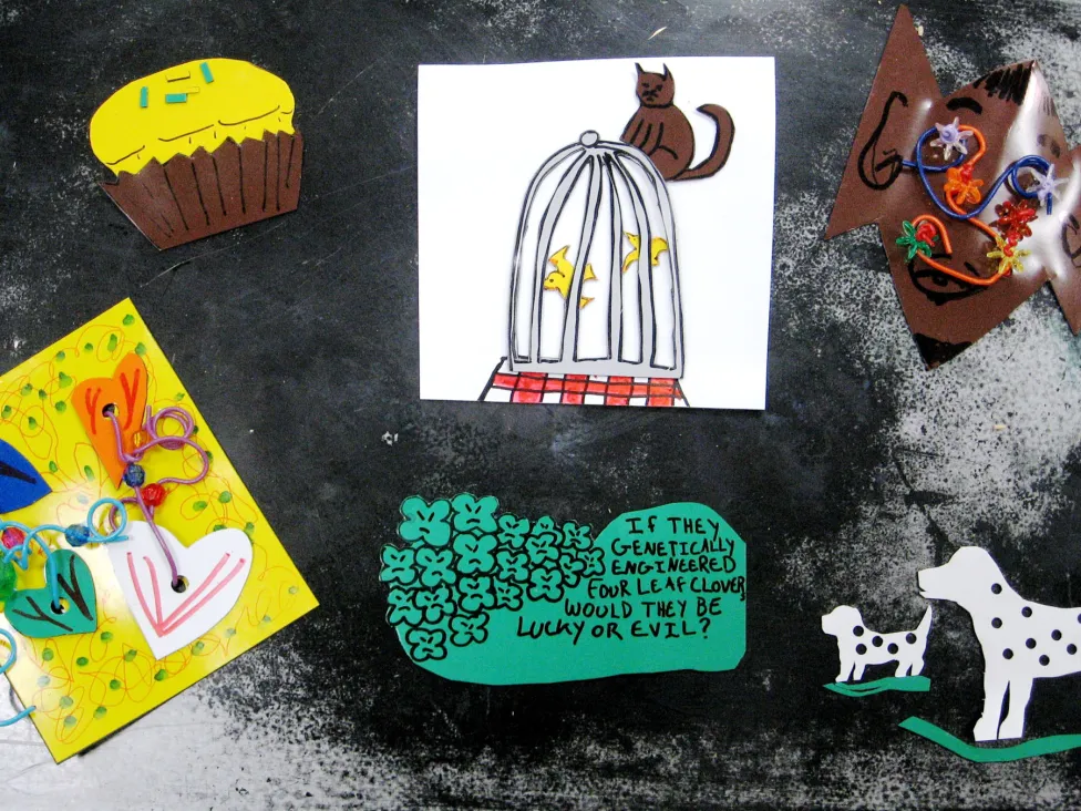 An assortment of handmade magnets on display
