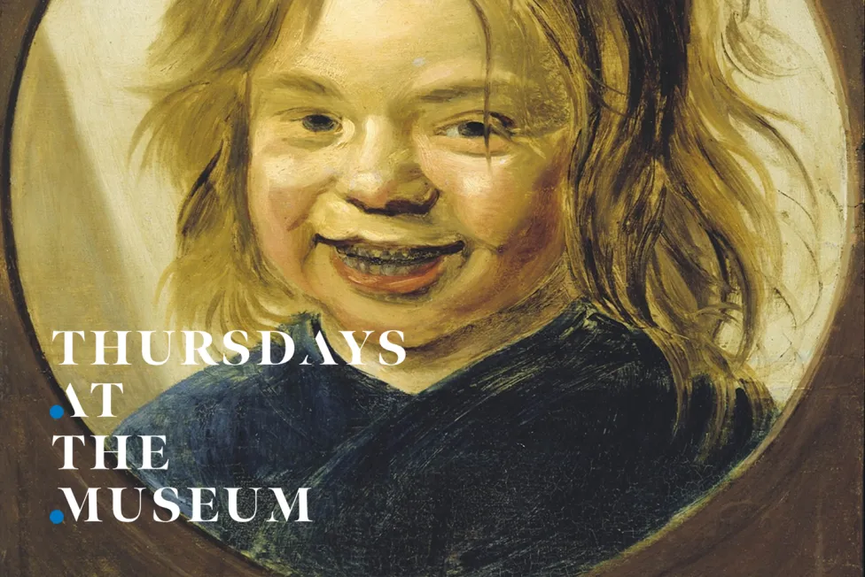 Thursdays at the Museum logo over the top of a painting of a smiling child with wild hair