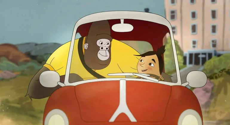 Ape and girl inside a car (animation)
