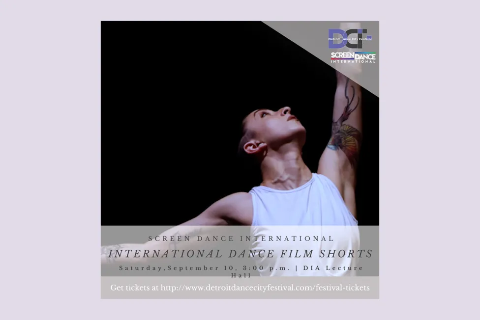 A dancer in a white tank top looks up to the sky with text that reads "Screen Dance International: International Dance Film Shorts"