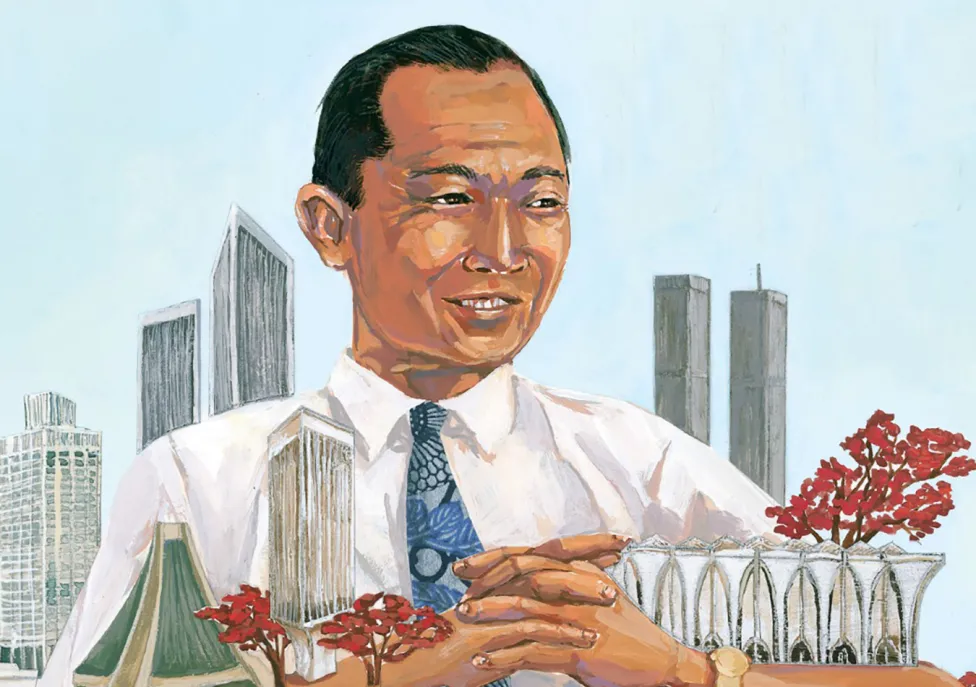 A colored drawing of a man pictured as larger than life among a city of monuments and landmarks