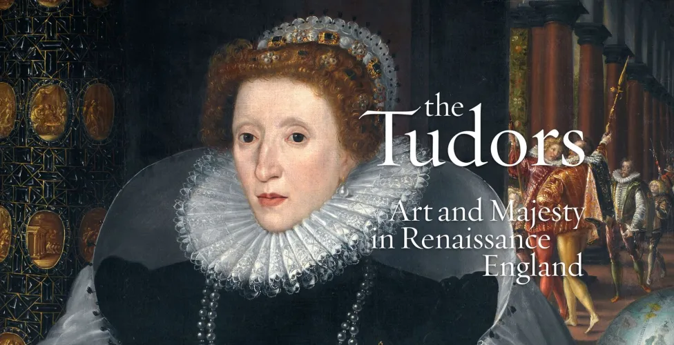 A cropped painting of Mary, Queen of Scots with text superimposed over saying "The Tudors, Art and Majesty in Renaissance England"