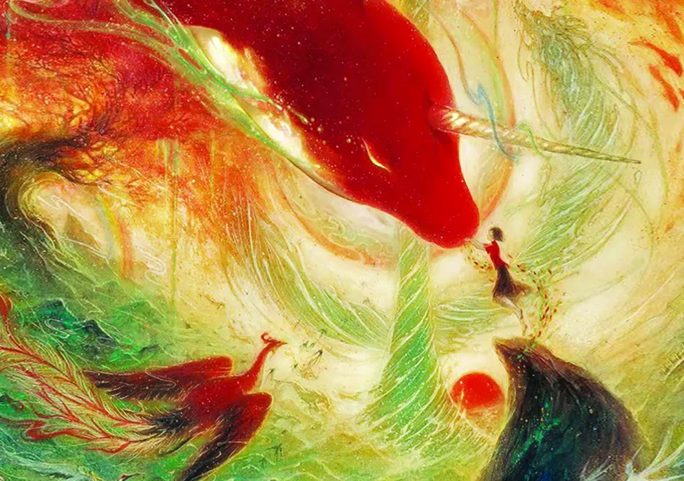 An abstract painting depicting a girl leaning towards a large horned animal while a phoenix flies nearby.