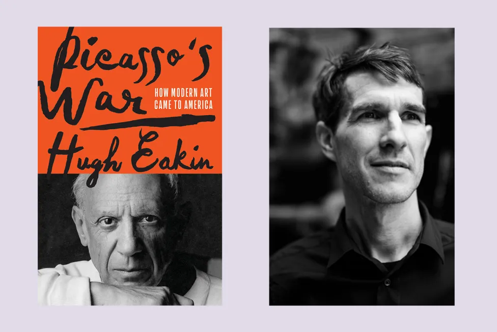 Headshot of Hugh Eakin alongside cover of his book "Picasso's War"