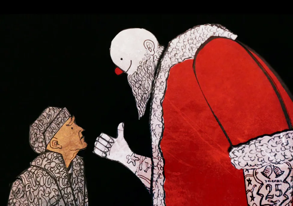 A hand drawn image of an old man wearing gray pajamas speaking to a large, tattooed and bald Santa.