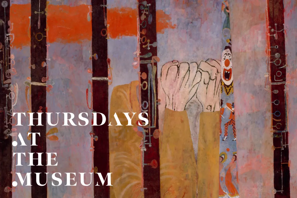 The logo for Thursdays at the Museum on top a painting of clarinets standing straight up with a partially obscured clown in the middle.
