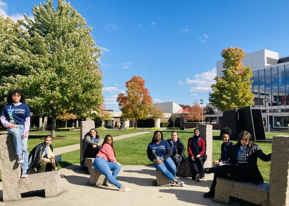 The DIA's 2022 Teen Arts Council posing at the Josephine F. Ford Sculpture Garden