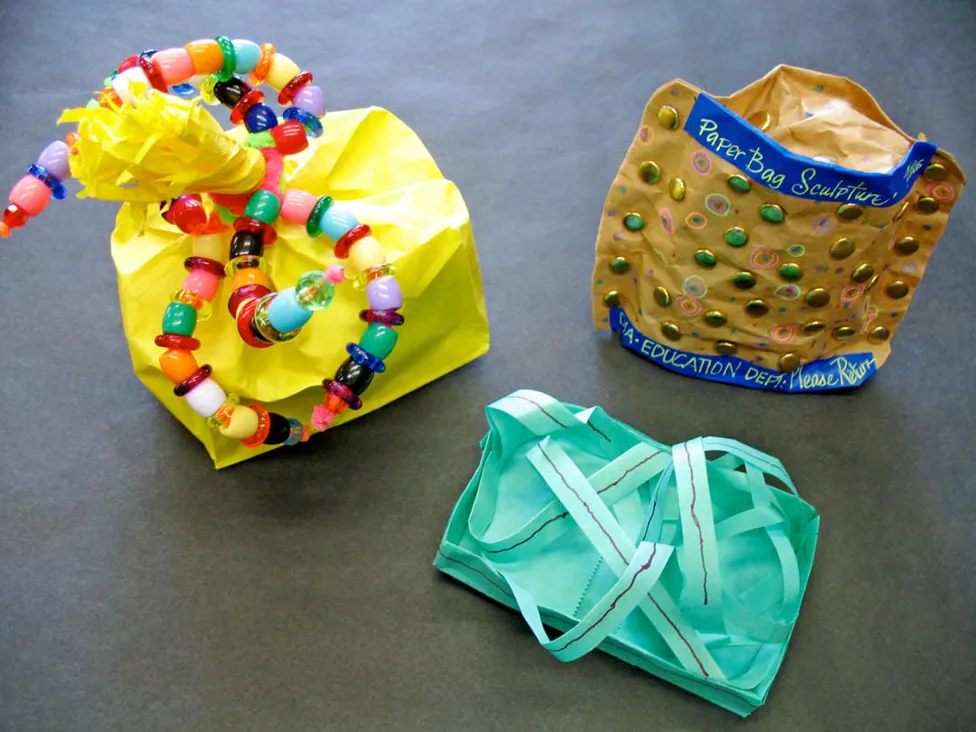 Examples of paper bag sculptures made in the DIA's art-making studio.