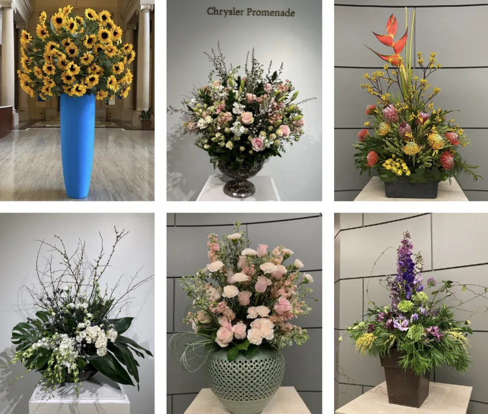 Floral arrangements made by the DIA's Friends of Art and Flowers on display in the Detroit Institute of Arts.