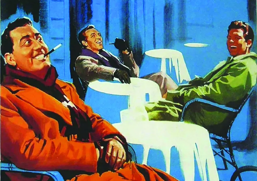 A cartoonish depiction of three men in suits, smoking and laughing at separate restaurant tables.