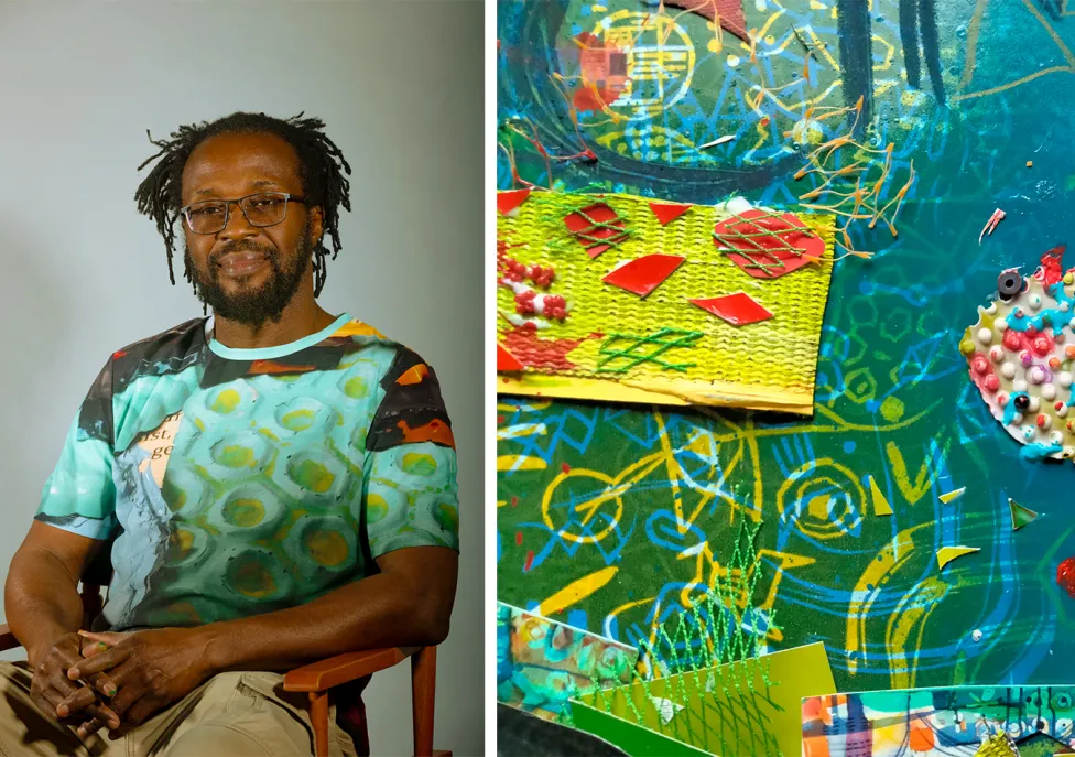 Artist Jide Afe pictured next to one of his works