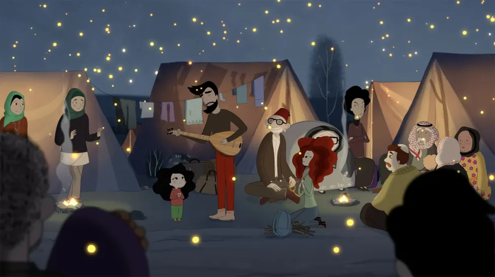 An illustration of many people around a campfire and surrounded by simple tents.